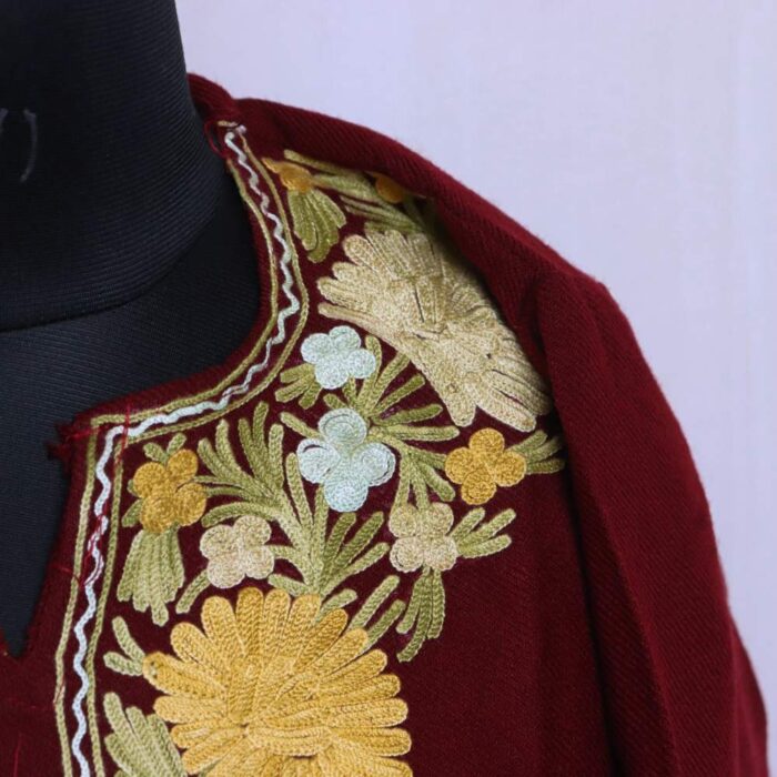 Maroon  Woolen Poshbagh Kashmiri Short Kurta for Winter With Aari Crafted (37/31)-Cashmere Royale - Image 2