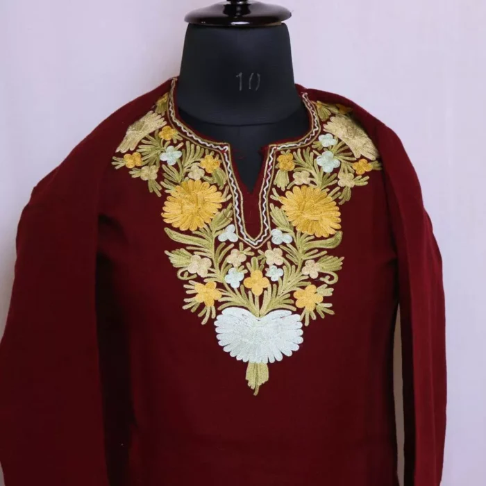 Maroon  Woolen Poshbagh Kashmiri Short Kurta for Winter With Aari Crafted (37/31)-Cashmere Royale - Image 3