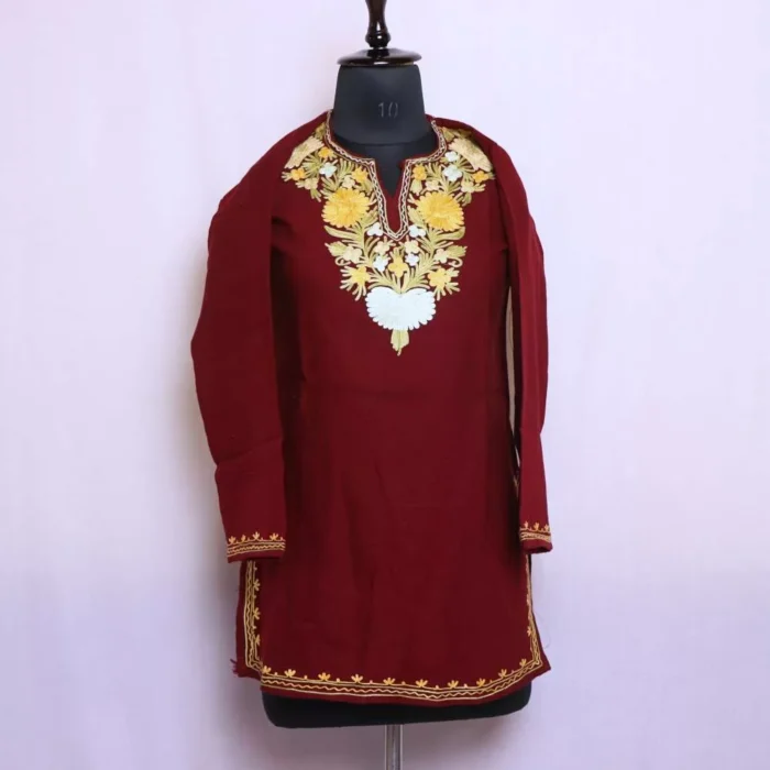 Maroon  Woolen Poshbagh Kashmiri Short Kurta for Winter With Aari Crafted (37/31)-Cashmere Royale