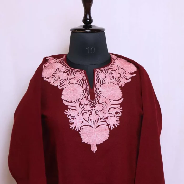 Maroon GulAaftab Woolen Kashmiri Short Kurta for Winter With Embroidery (39/31.5) - Cashmere Poshaak - Image 3