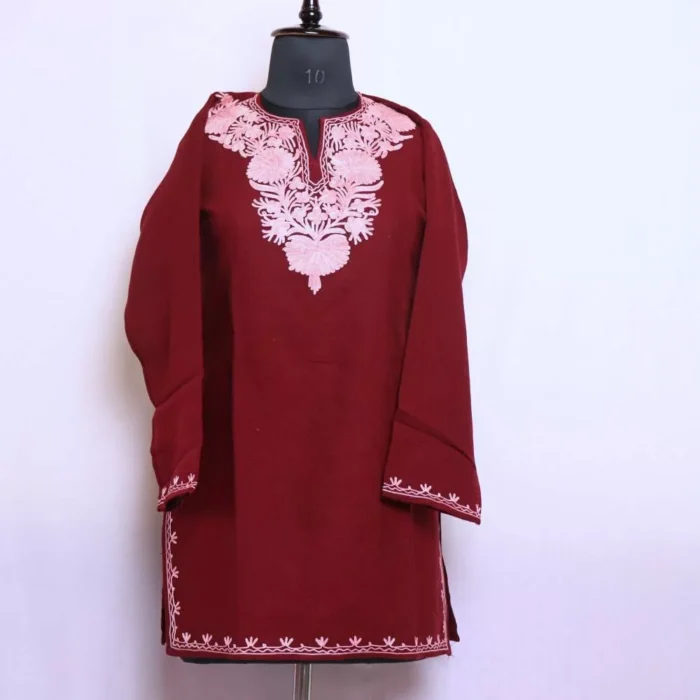 Maroon GulAaftab Woolen Kashmiri Short Kurta for Winter With Embroidery (39/31.5) - Cashmere Poshaak