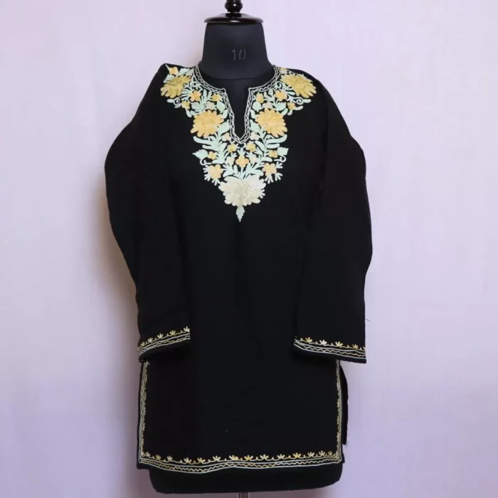 Black Floral Kashmiri Short Kurta for Winter With Embroidery (37/31) - Cashmere Royal Poshaak