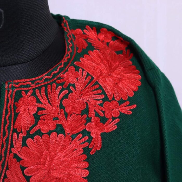 Woolen Dark Green Kashmiri Short Kurta for Winter Wear Aari Embroidery (40/32) - Cashmere Famous Poshaak - Image 3