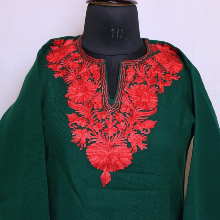 Woolen Dark Green Kashmiri Short Kurta for Winter Wear Aari Embroidery (40/32) - Cashmere Famous Poshaak - Image 2