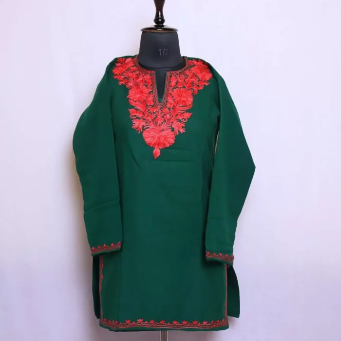 Woolen Dark Green Kashmiri Short Kurta for Winter Wear Aari Embroidery (40/32) - Cashmere Famous Poshaak