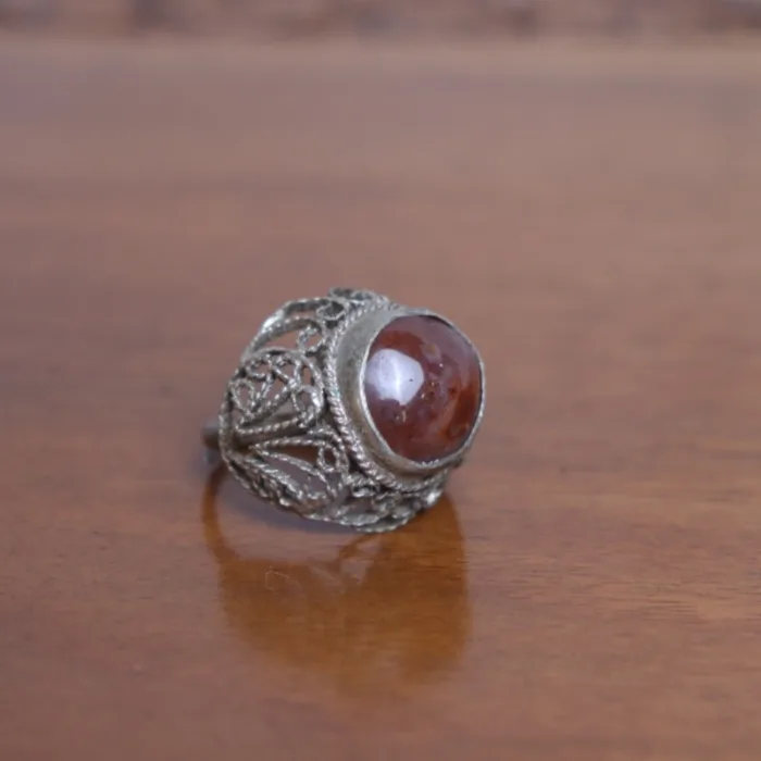 Traditional Antique Silver Natural Aqeeq Adjustable Stone Ring - Detailed and Beautiful Designning