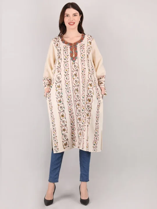 Cream pure-wool Sozni Pheran with Kashmiri needlework