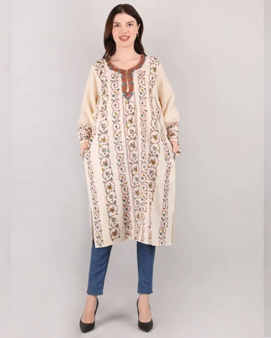 Cream Lakeer Sozni Pheran - Pure Wool With Kashmiri Needle Work | Luxe