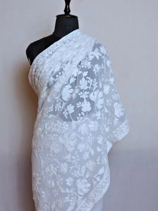 White Chinari Georgette Saree With Kashmiri Aari Embroidery