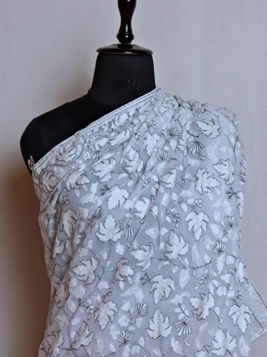 White Chinari Georgette Saree with Elegant Aari and Zari Embroidery – Gulnoor