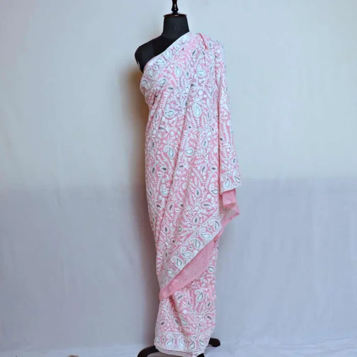 Pastel Pink Badami Georgette Saree with Elegant Aari and Zari Embroidery - Gulnoor - Image 2