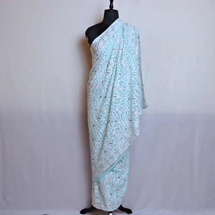 Pastel Blue Badami Georgette Saree with Elegant Aari and Zari Embroidery – Gulnoor - Image 2