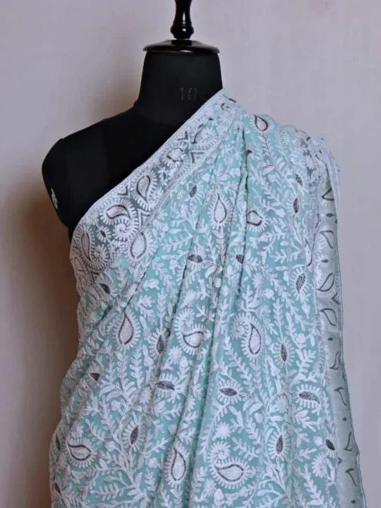 Pastel Blue Badami Georgette Saree with Elegant Aari and Zari Embroidery – Gulnoor
