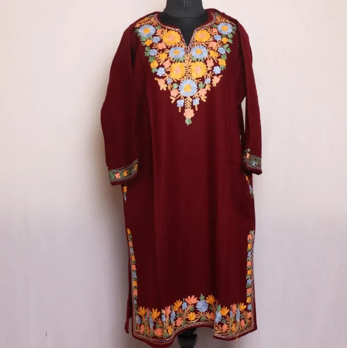 Ameena Maroon Cashmilon Pheran with Aari Work