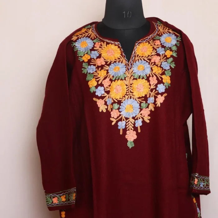 Ameena Maroon Cashmilon Pheran with Aari Work - Image 2