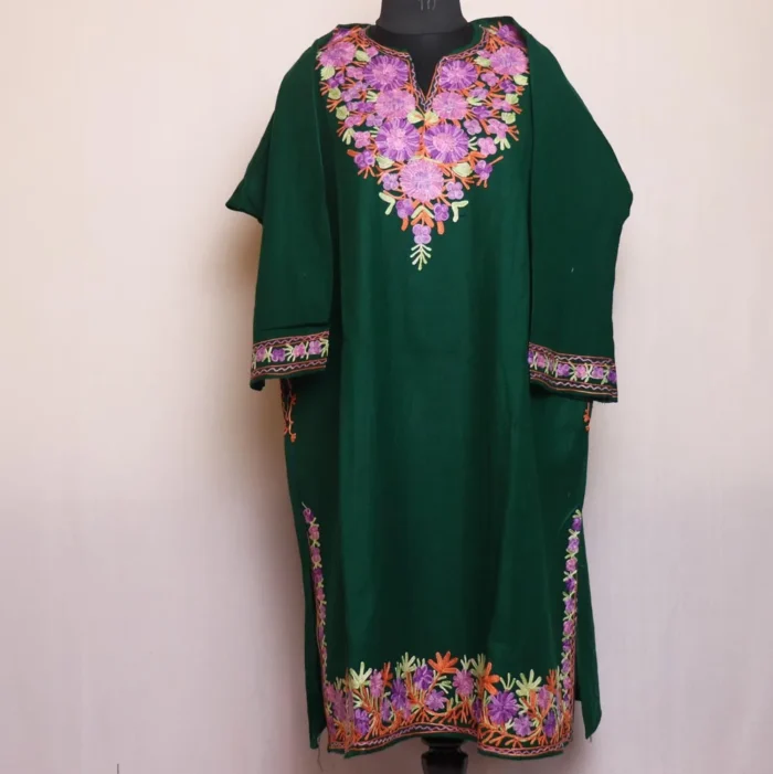 Hina Green Cashmilon Pheran with Aari Detailing