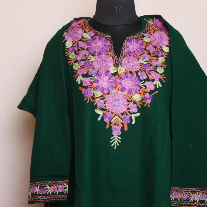 Hina Green Cashmilon Pheran with Aari Detailing - Image 2