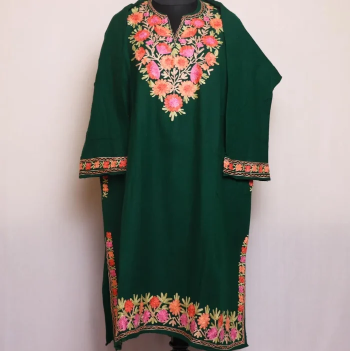 Nazia Green Cashmilon Pheran with Stunning Aari Embroidery