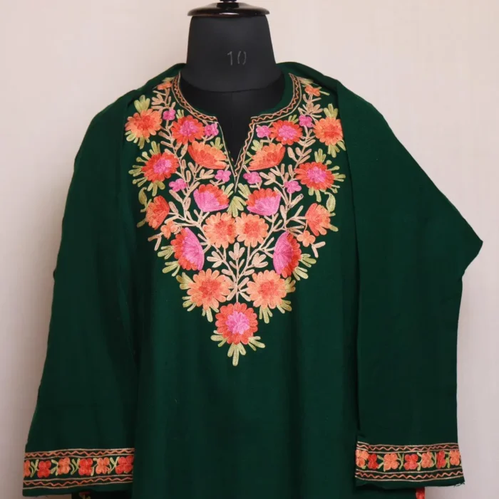 Nazia Green Cashmilon Pheran with Stunning Aari Embroidery - Image 2