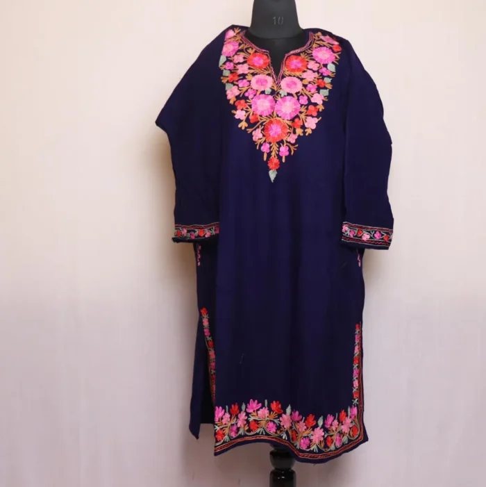 Dark Blue Cashmilon Pheran with Aari Work