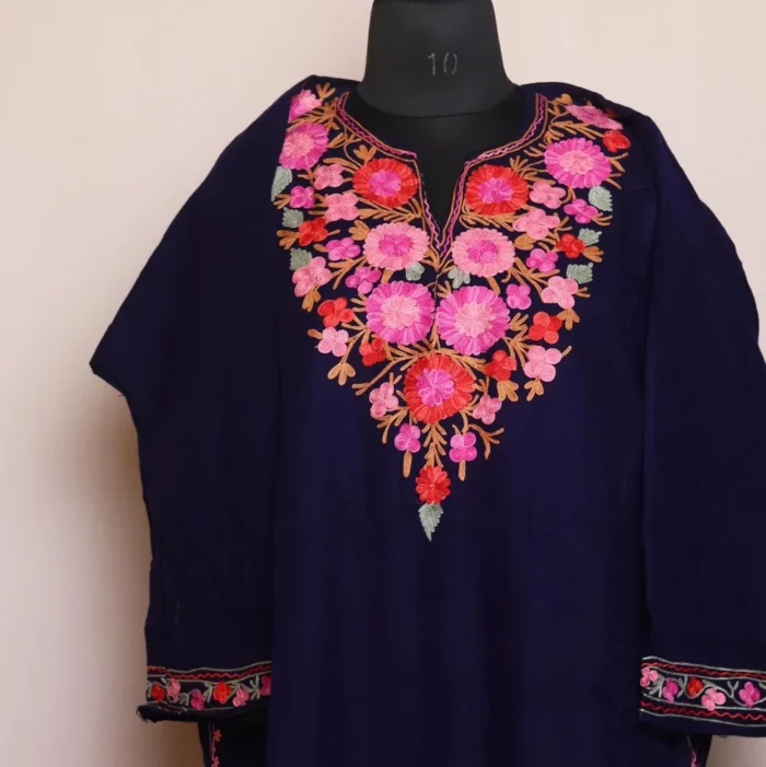 Dark Blue Cashmilon Pheran with Aari Work - Image 2