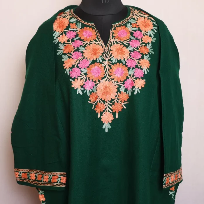 Mahi Green Cashmilon Pheran with Aari Detailing - Image 2