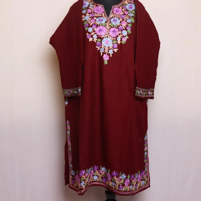 Nabila Maroon Cashmilon Pheran Dress with Elegant Aari Embroidery
