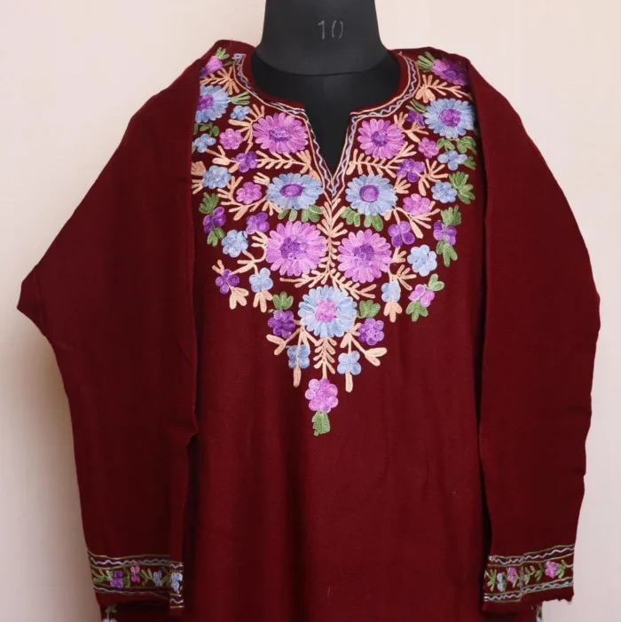 Nabila Maroon Cashmilon Pheran Dress with Elegant Aari Embroidery - Image 2