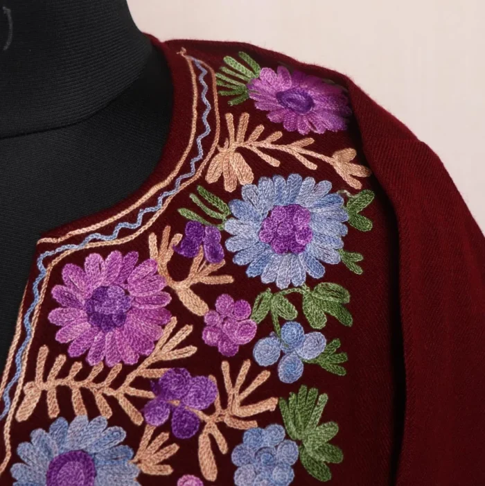 Nabila Maroon Cashmilon Pheran Dress with Elegant Aari Embroidery - Image 3