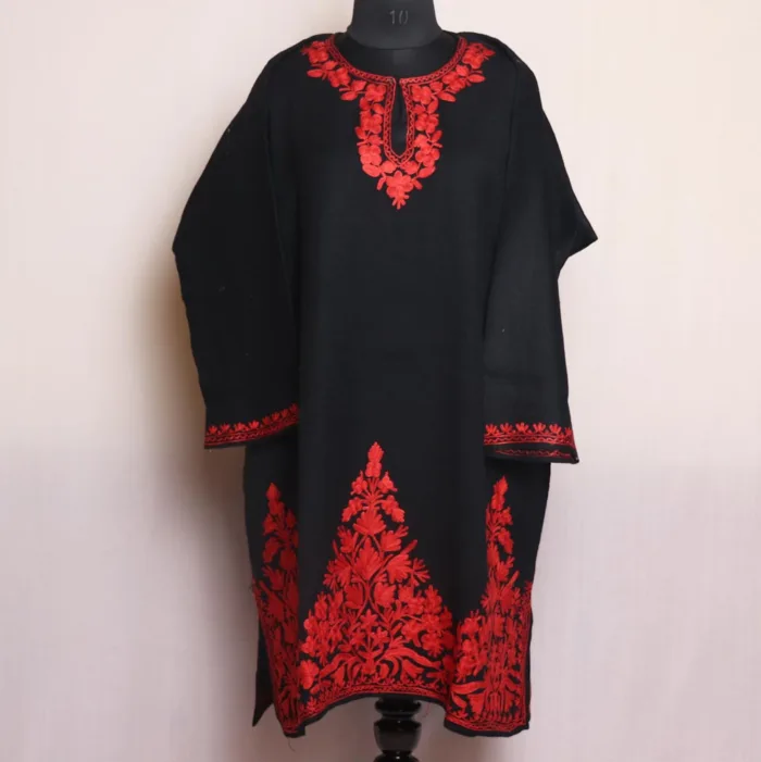Black and Red Kashmiri Pheran with Heavy Daaman Embroidery L39- Aliza Collection
