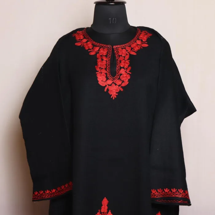 Black and Red Kashmiri Pheran with Heavy Daaman Embroidery L39- Aliza Collection - Image 2