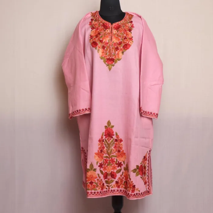 Pink Raffal Kashmiri Pheran with Heavy Daaman Embroidery - Fatima Collection
