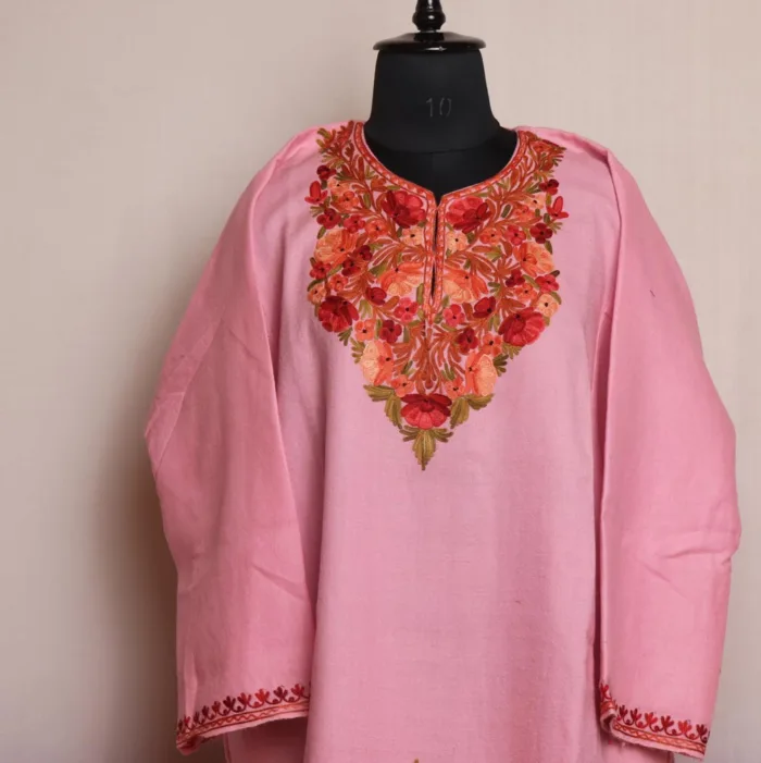 Pink Raffal Kashmiri Pheran with Heavy Daaman Embroidery - Fatima Collection - Image 2