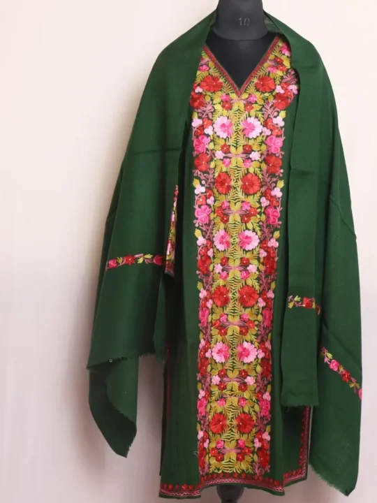 Green Kashmiri Raffal Pheran with Stole for Women