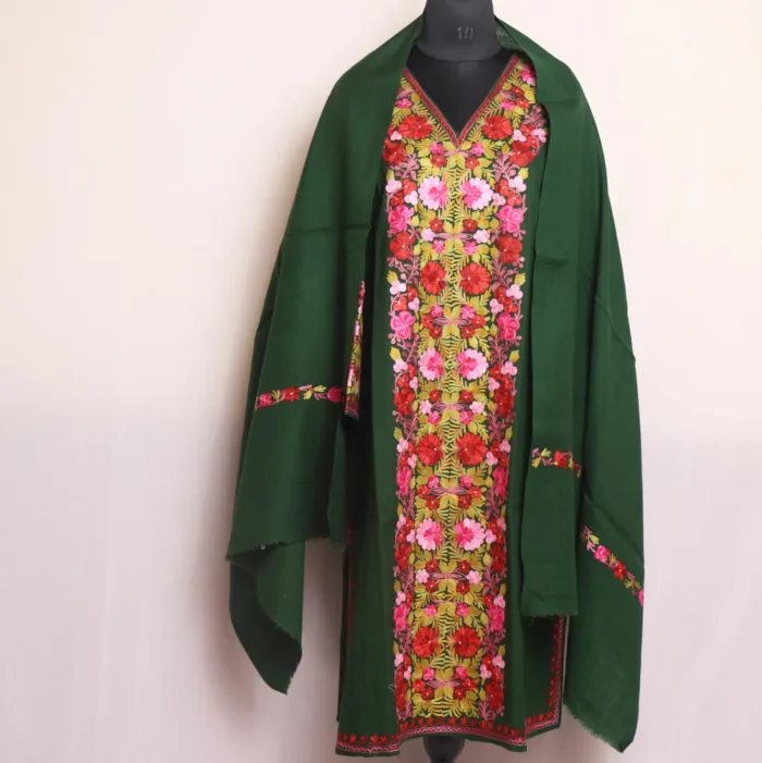 Green Kashmiri Raffal Pheran with Stole for Women