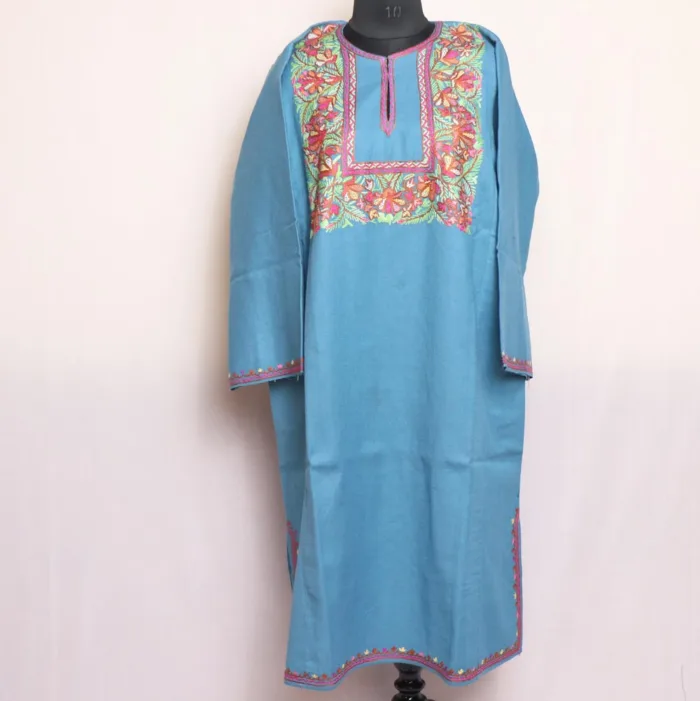 Sky Blue Asiya Kashmiri Raffal Pheran with Hand Aari Embroidery for Women - Box Naal - Image 2