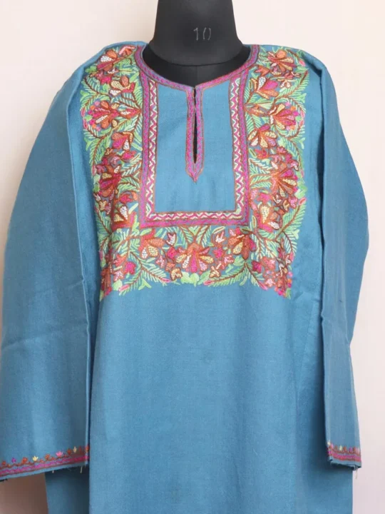 Sky Blue Asiya Kashmiri Raffal Pheran with Hand Aari Embroidery for Women - Box Naal