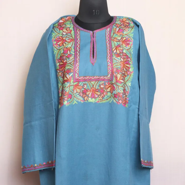 Sky Blue Asiya Kashmiri Raffal Pheran with Hand Aari Embroidery for Women - Box Naal