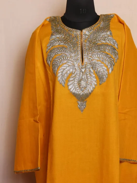 Yellow Kashmiri Raffal Pheran with Tilla Embroidery - Murtaza Collection