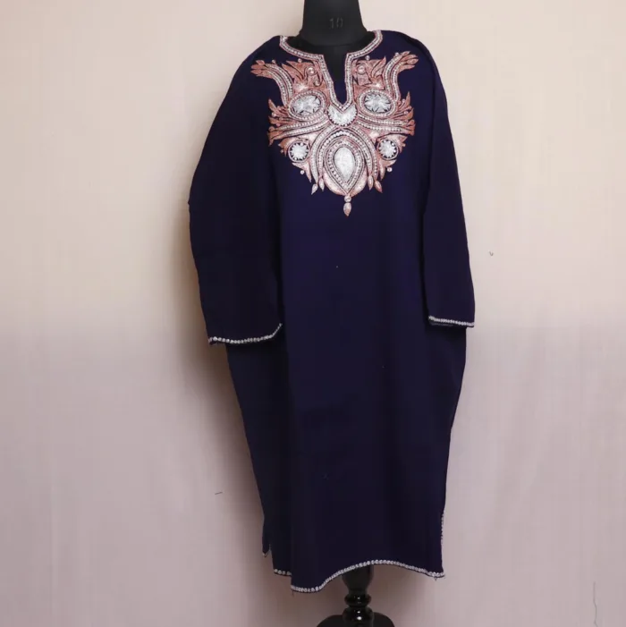 Navy Blue Kashmiri Raffal Pheran with Tilla Embroidery - Murtaza Collection - Image 3