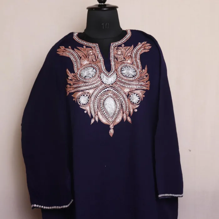 Navy Blue Kashmiri Raffal Pheran with Tilla Embroidery - Murtaza Collection