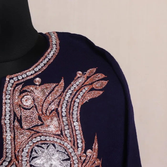 Navy Blue Kashmiri Raffal Pheran with Tilla Embroidery - Murtaza Collection - Image 2