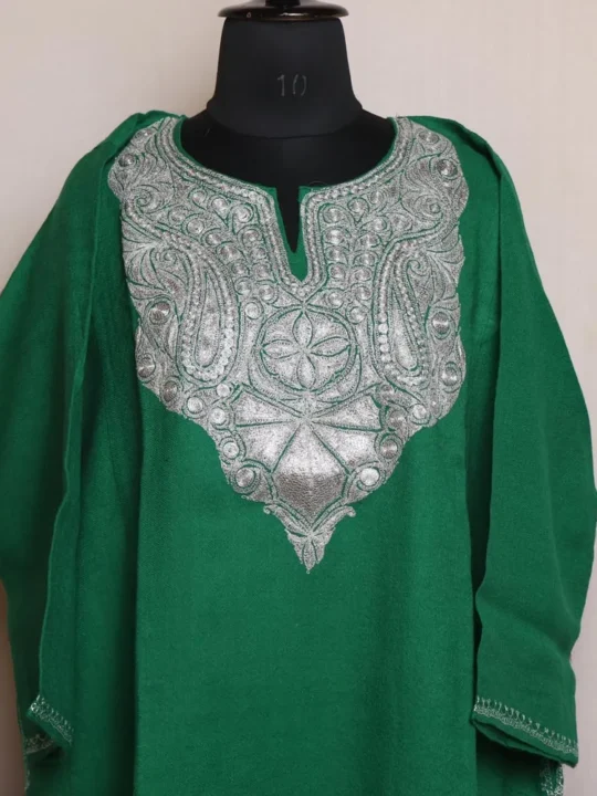 Green Kashmiri Raffal Pheran with Tilla Embroidery - Murtaza Collection