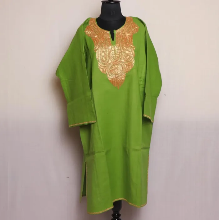 Mehndi Green Kashmiri Raffal Pheran with Tilla Embroidery - Murtaza Collection - Image 2