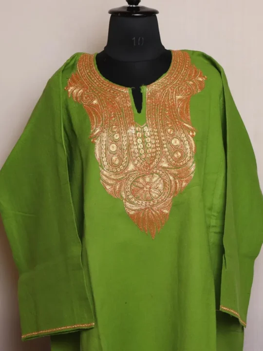 Mehndi Green Kashmiri Raffal Pheran with Tilla Embroidery - Murtaza Collection