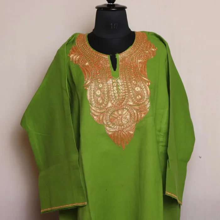 Mehndi Green Kashmiri Raffal Pheran with Tilla Embroidery - Murtaza Collection