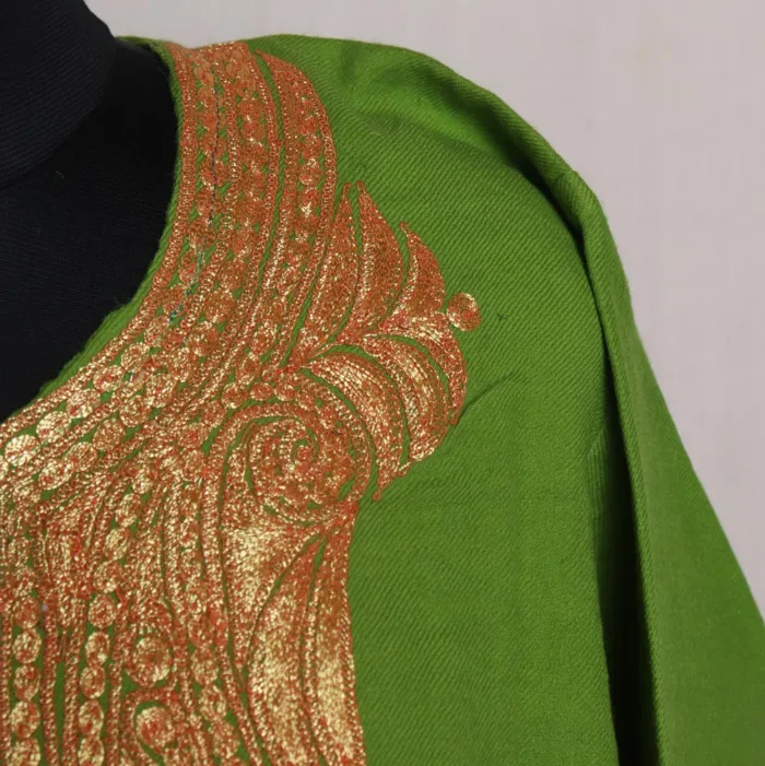 Mehndi Green Kashmiri Raffal Pheran with Tilla Embroidery - Murtaza Collection - Image 3