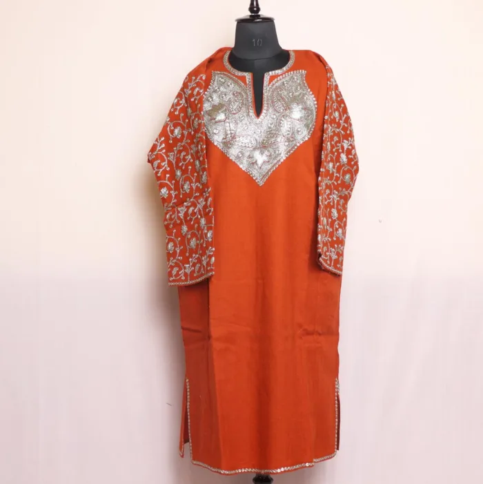 Dark Red Raffal Kashmiri Pheran with Neck & Sleeve Tilla Embroidery - Murtaza Collection
