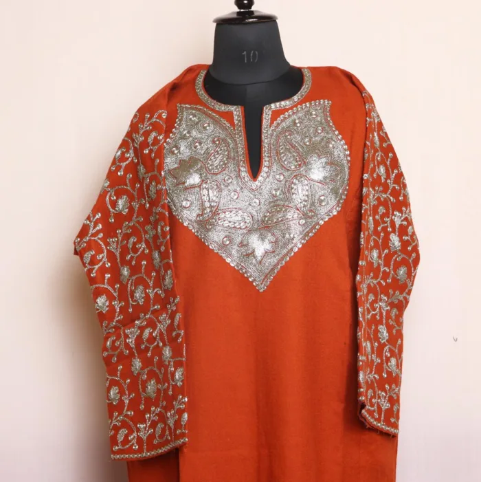 Dark Red Raffal Kashmiri Pheran with Neck & Sleeve Tilla Embroidery - Murtaza Collection - Image 2