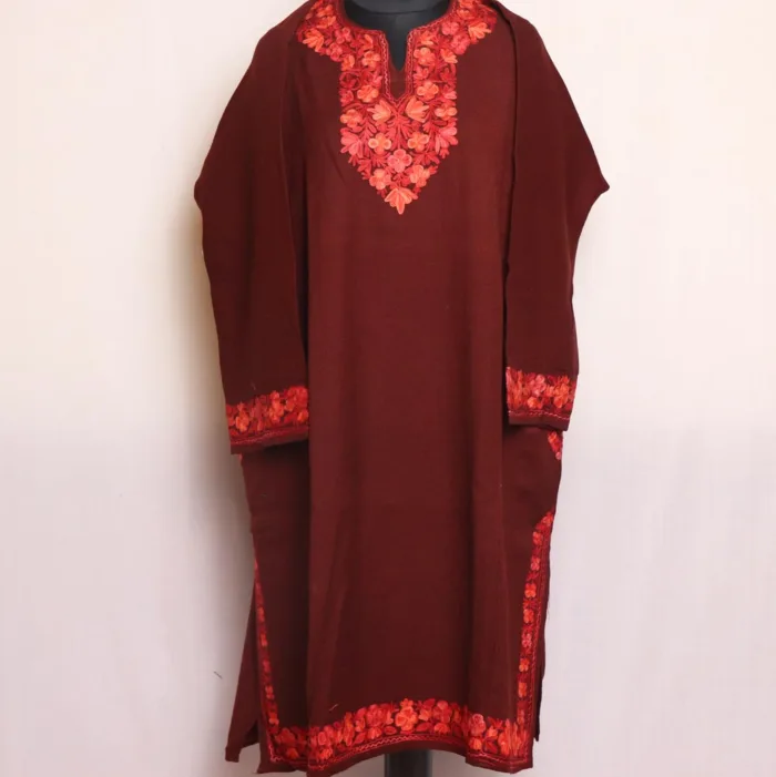 Ameena Maroon Raffal Winter Pheran with Border and Sleeve Embroidery